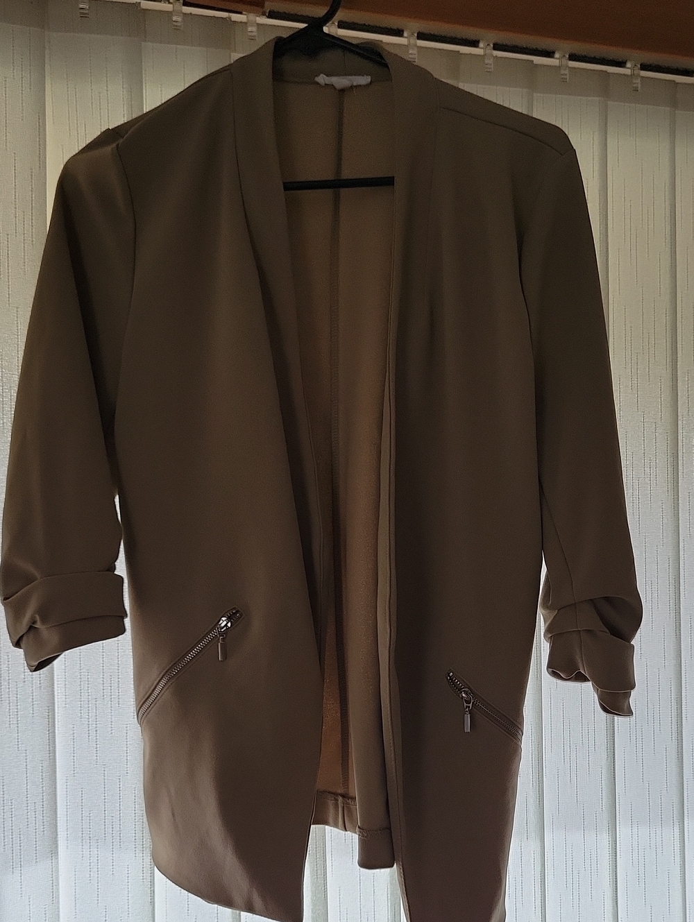 Womens Open-Front Khaki Brown Blazer Jacket